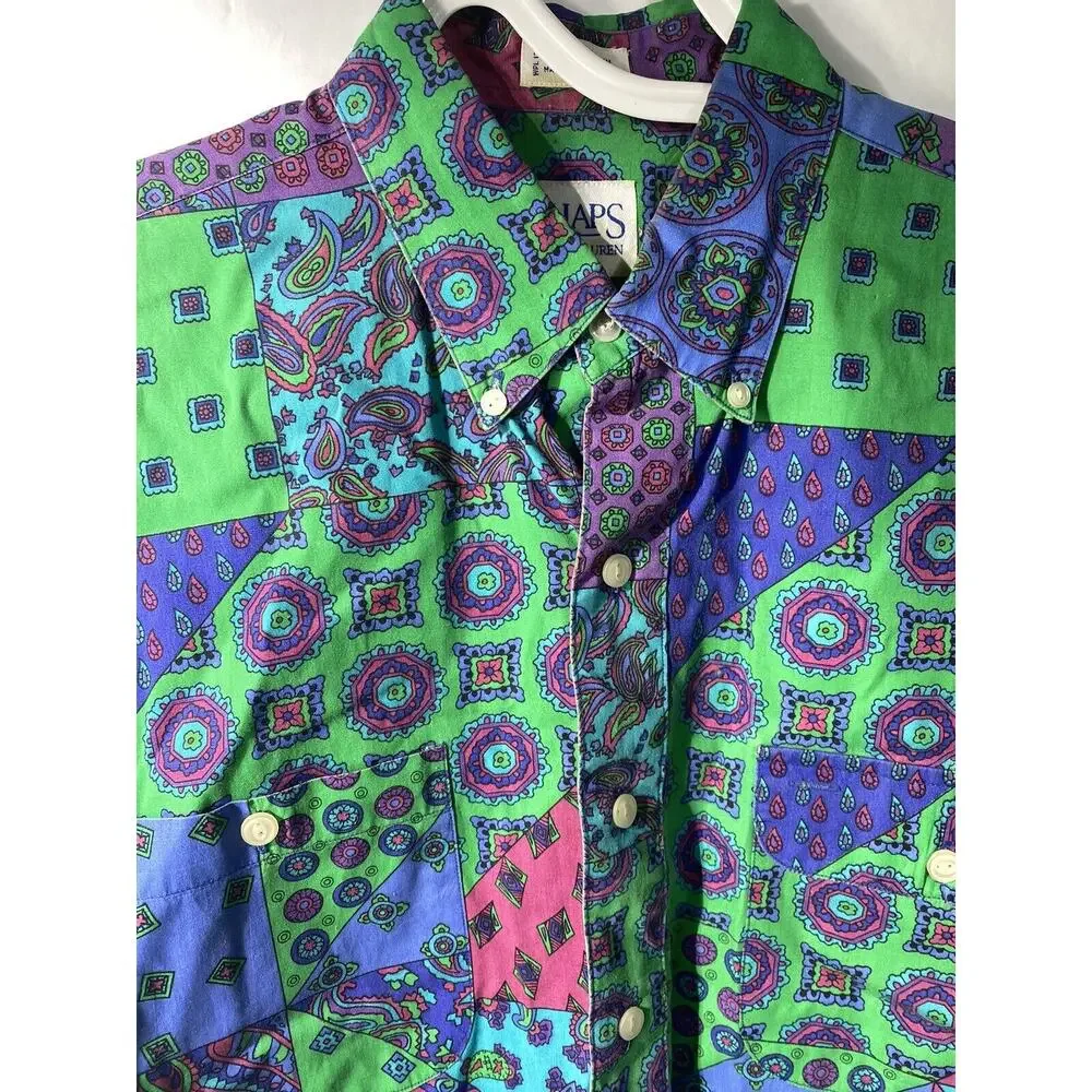 Vintage Chaps Ralph Lauren Top Shirt Womens M Paisley Colorblock Blue Green